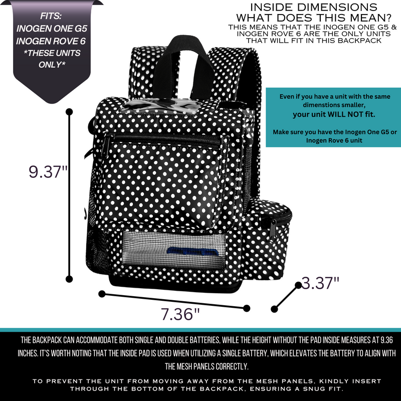 The Rove 6 Lightweight Backpack w/Pockets & Cannula Holder - Polka Dot Design | Portable Oxygen Carrier - O2TOTES