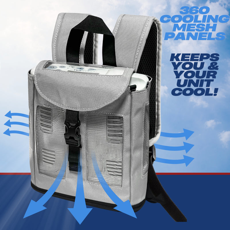 ULTRA LIGHTWEIGHT INOGEN ONE G3 BACKPACK BY O2TOTES IN GREY, MESH PANELS, ZIPPERED BOTTOM, COMFORTABLE! - O2TOTES