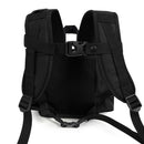Black backpack with padded straps and buckle, designed for portable oxygen concentrators