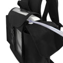 Black backpack for portable oxygen concentrator with visible nasal cannula tube