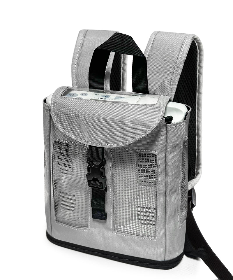 ULTRA LIGHTWEIGHT INOGEN ONE G3 BACKPACK BY O2TOTES IN GREY, MESH PANELS, ZIPPERED BOTTOM, COMFORTABLE! - O2TOTES